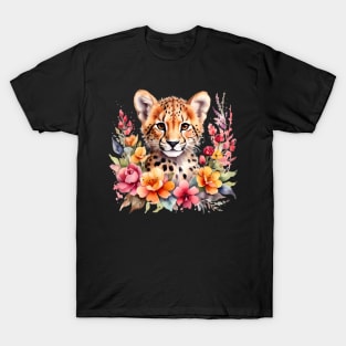 A baby cheetah decorated with beautiful watercolor flowers T-Shirt